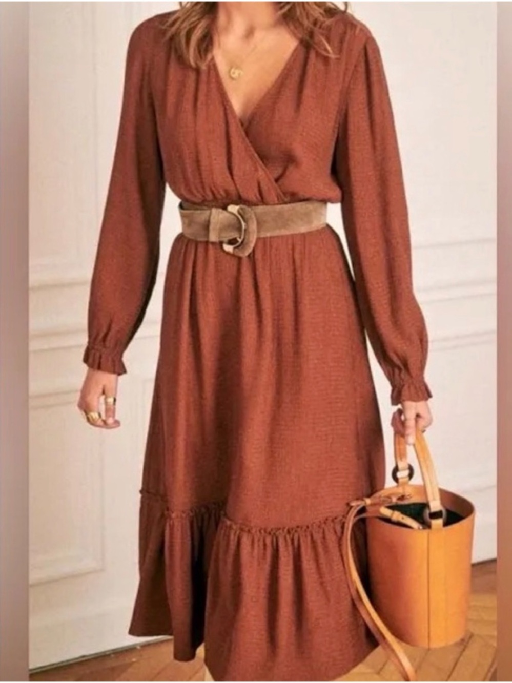 Sézane Paris Textured Rust Midi Dress – Size 38 – Elegant Wrap‑Style Silhouette - Picture 1 of 10
